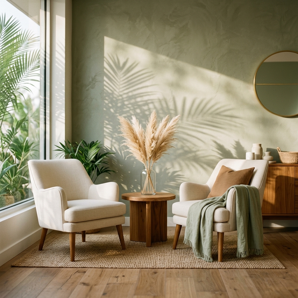 Two chairs facing each other in a softly lit therapy room with palm shadows